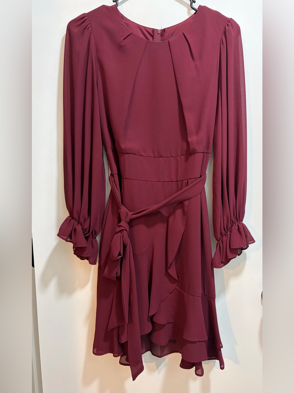 B Darlin Burgundy Long-Sleeve Ruffle Wrap Dress